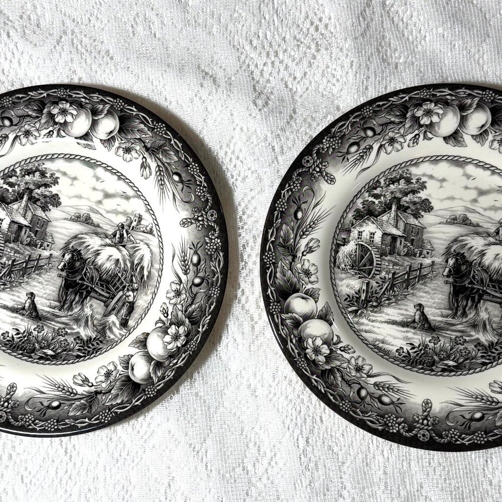 ROYAL STAFFORD Hayride Black Salad Plate - Set of 2, Harvest Scene, Horse & Dog